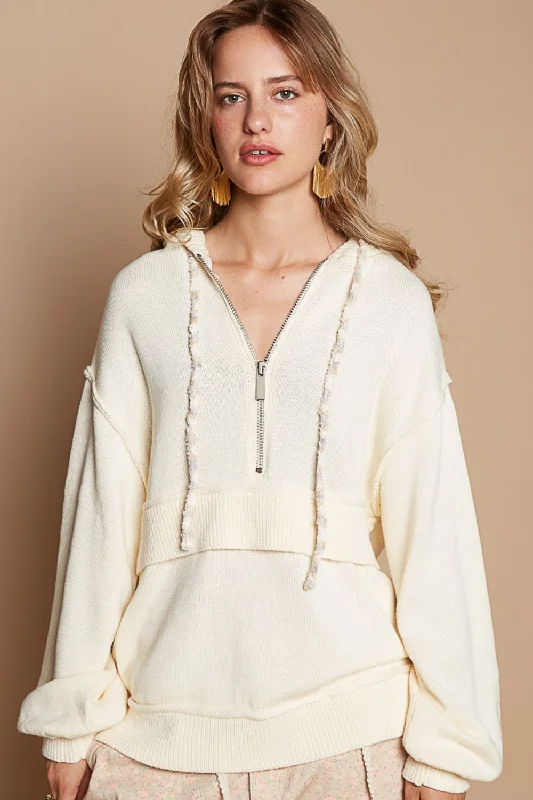 Half Zip Drop Shoulder Hooded SweaterLongline Knit Tops