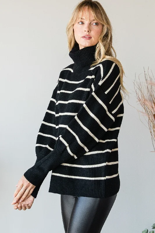 Heavy Knit Striped Turtle Neck Knit SweaterMohair Knit Tops