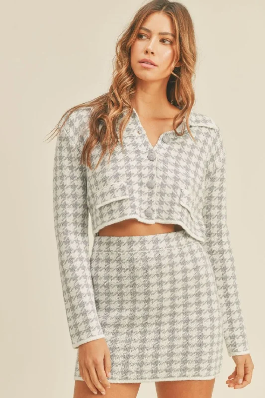 Houndstooth Cropped Knit Cardigan and Mini Skirt SetFitted Knit Tops