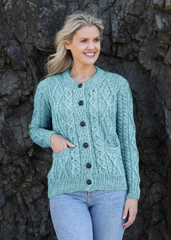 Ladies Aran Wool Cardigan | Summer StormFringed Knit Tops