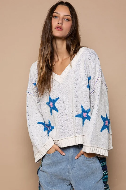 Long Sleeve Star Patch SweaterRuffled Knit Tops