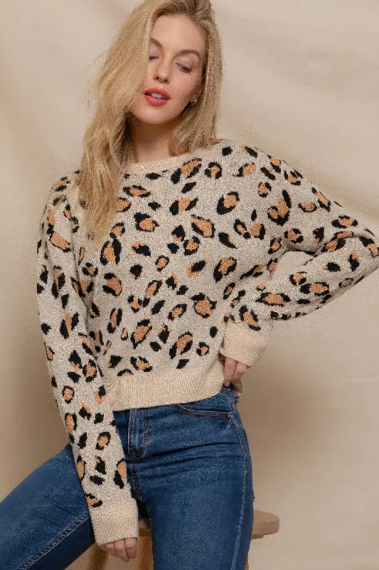 Long Slv Animal Jacquard SweaterCultural Knit Tops