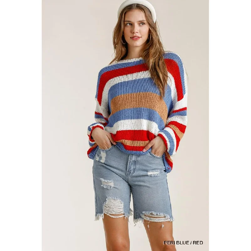 Multicolored Stripe Round Neck Long Sleeve Knit SweaterPlush Knit Tops