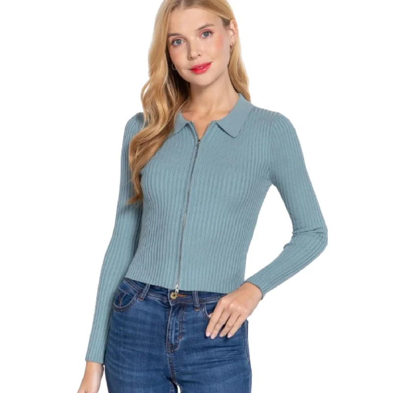 Notched Collar Zippered SweaterBeaded Knit Tops