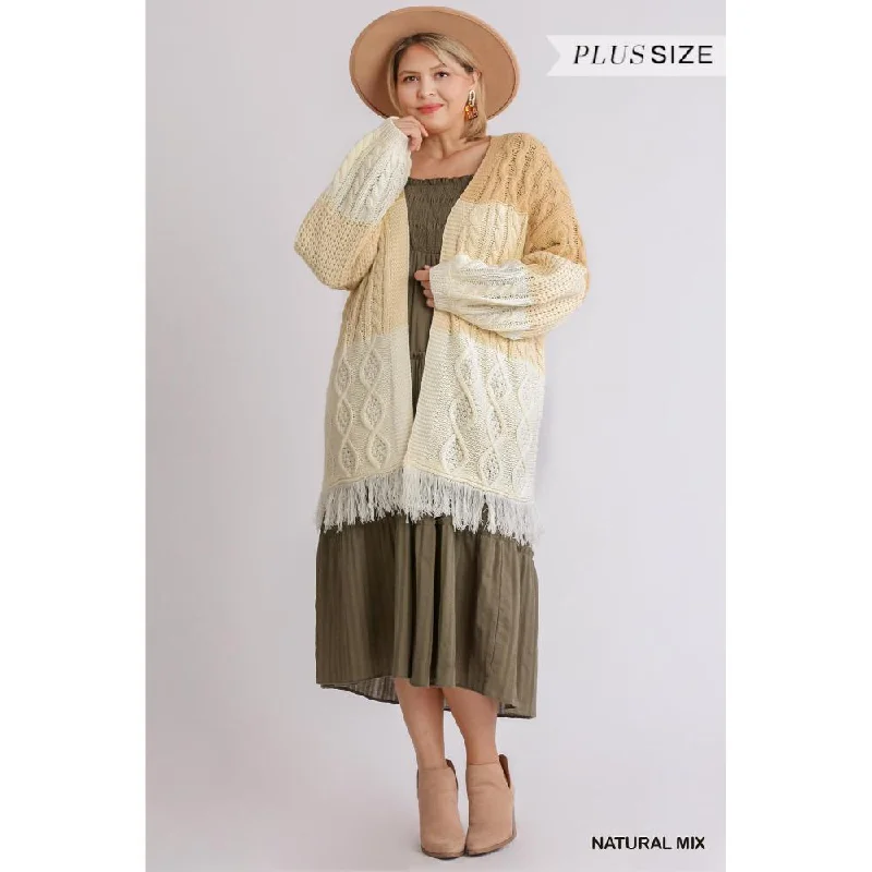 Patchwork Knitted Open Front Cardigan Sweater With Frayed HemLogo Knit Tops