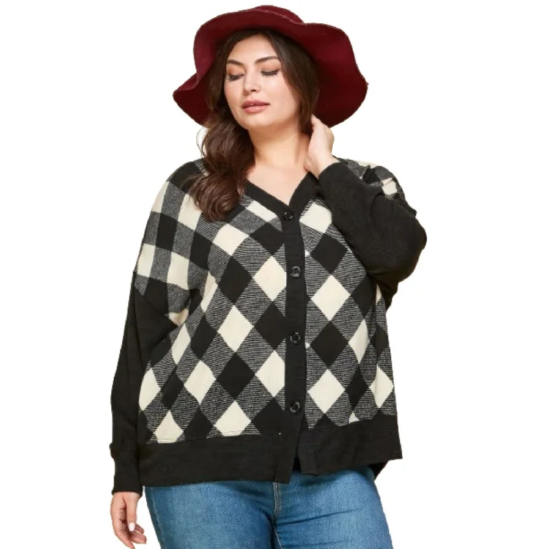 Plus Size Buffalo Plaid Knit Button Up Oversize CardiganOff-Shoulder Knit Tops