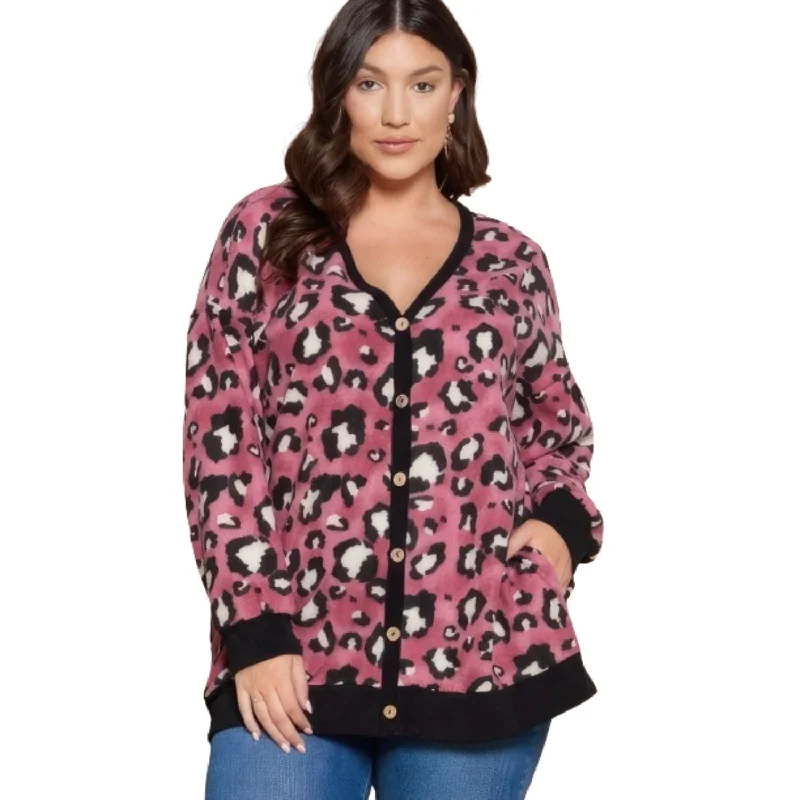 Plus Size Cozy Animal Mir Print With Brush Button Up CardiganSkateboard Knit Tops