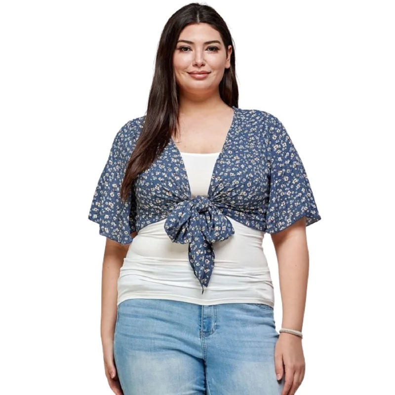 Plus Size Ditsy Floral Print Cropped Bolero CardiganLongline Knit Tops