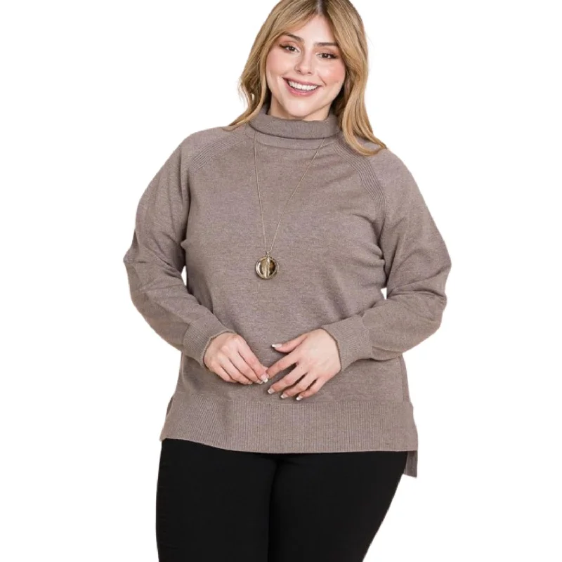 Plus Size High Quality Buttery Soft Solid Knit Turtleneck Two Tone High Low Hem SweaterCycling Knit Tops