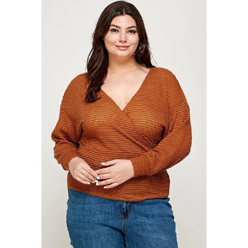 Plus Size Textured Waffle Sweater Knit TopHooded Knit Tops