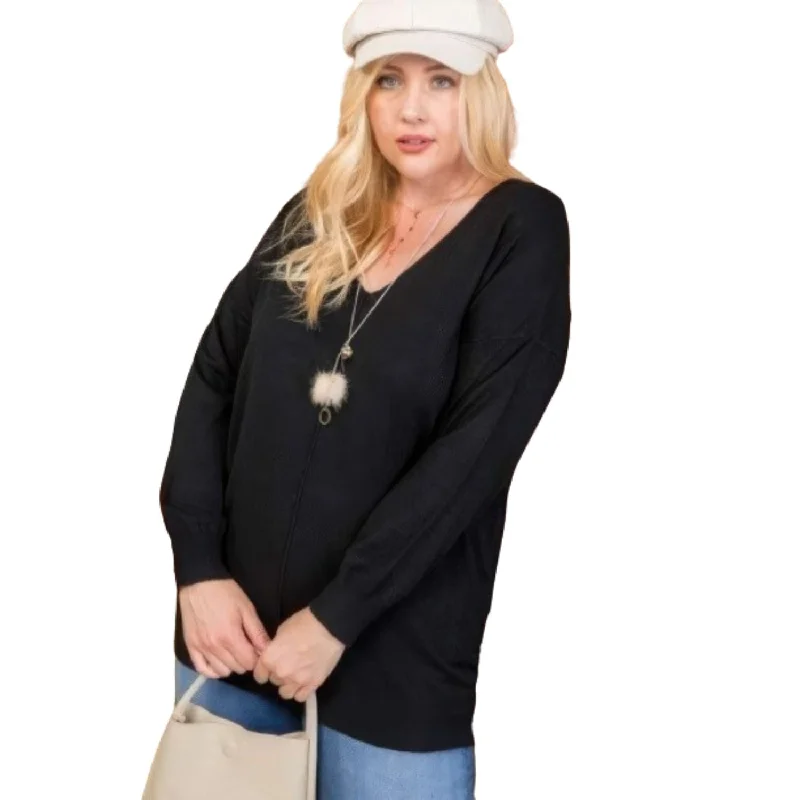 Plus Size V Neck 3/4 Sleeve Side Slit Hi-lo SweaterZippered Knit Tops