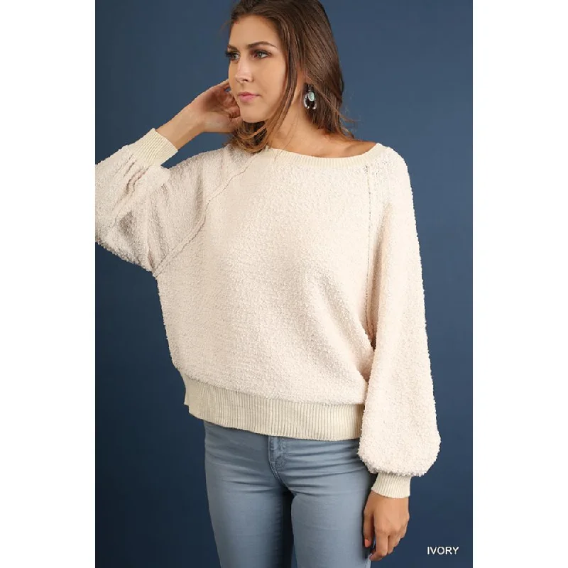 Puff Sleeve Boat Neck SweaterTravel Knit Tops