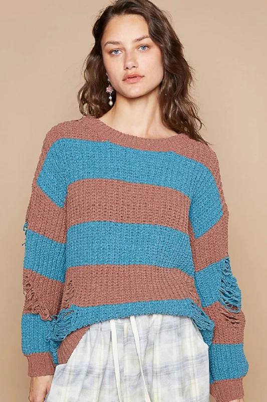 Striped Distressed Long Sleeve SweaterPunk Knit Tops