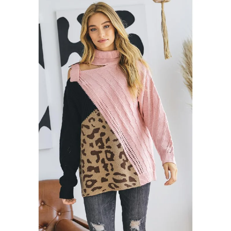 Turtle Neck Color Block Cutout SweaterLinen Knit Tops