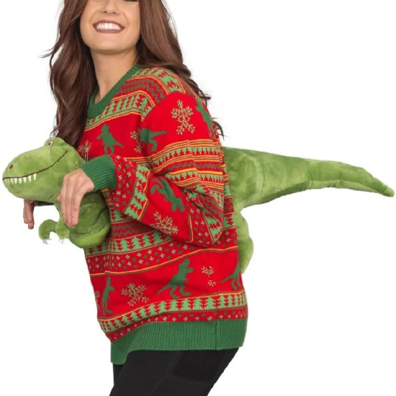 Women's 3D T-Rex Plushie Ugly Christmas SweaterVelvet Knit Tops