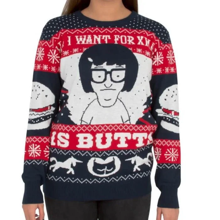 Women's All I Want for Xmas is Butts - Tina from Bob's Burgers Ugly Christmas SweaterOversized Knit Tops