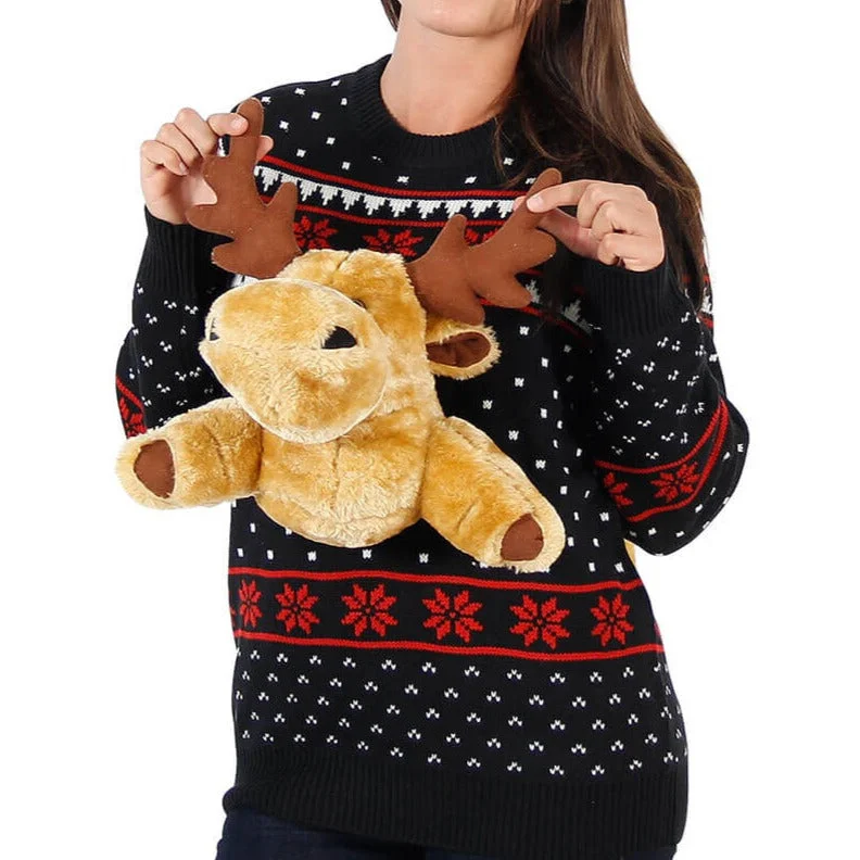 Women's Black 3-D Sweater with Stuffed Moose Ugly Christmas SweaterV-Neck Knit Tops