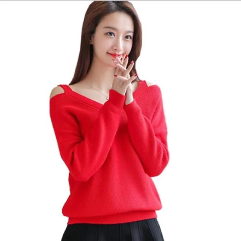 Womens Cut Shoulder V Neck SweaterLuxury Knit Tops