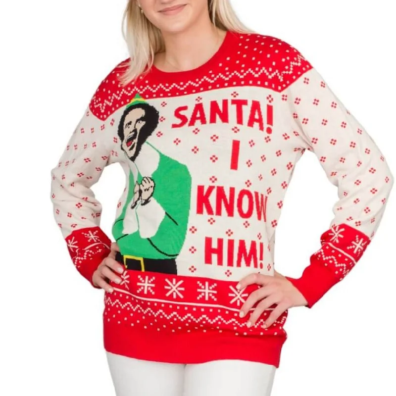 Women's Elf Buddy Santa I Know Him Ugly Christmas SweaterFishing Knit Tops