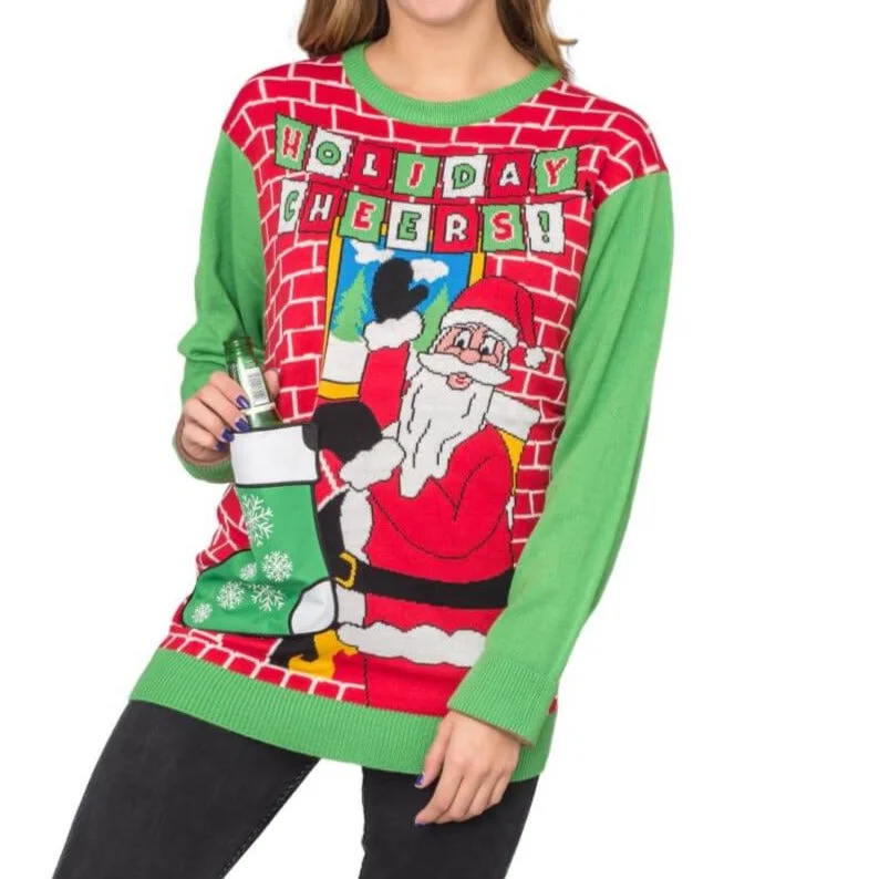 Women's Holiday Cheers! Santa with Beer Holder Stocking Ugly Christmas SweaterAlpaca Knit Tops