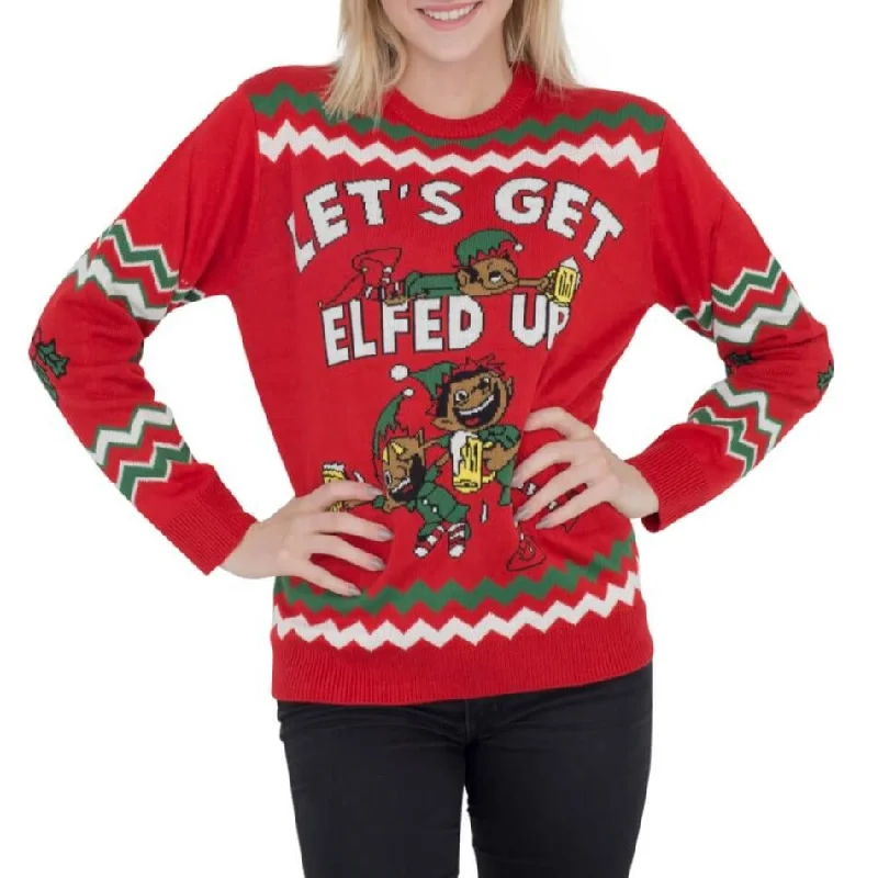 Women's Let's Get Elfed Up Drunken Elves Ugly Christmas SweaterSilk Knit Tops