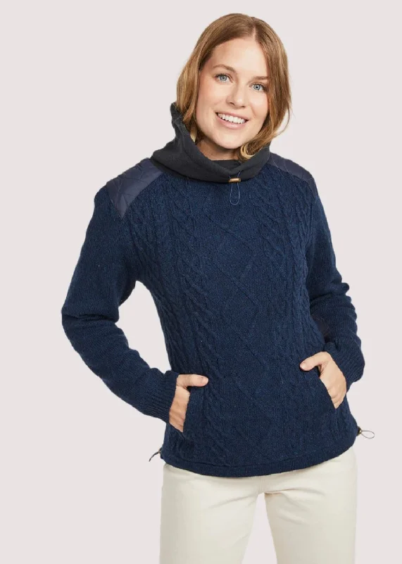 Women's Lined Aran Cowlneck Sweater | NavyBeaded Knit Tops