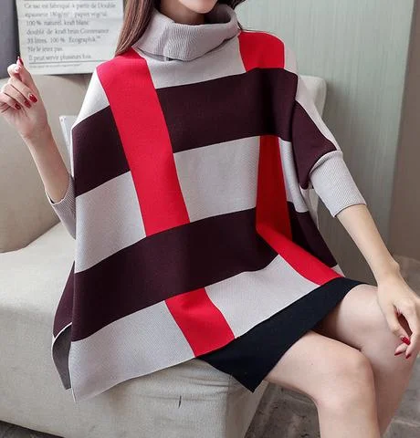 Womens Plaid Sweater Cape with Red StripesPainted Knit Tops