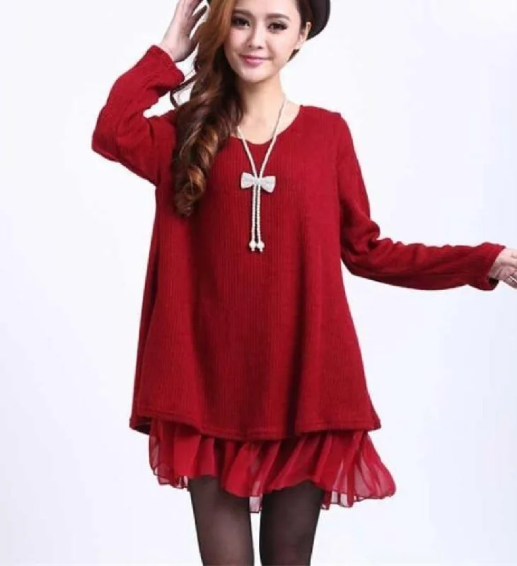 Womens Red Layered Tunic Sweater Dress with Frill TrimButton-Up Knit Tops