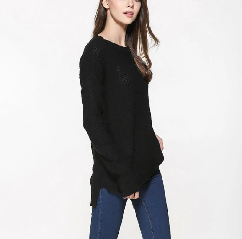 Womens Relaxed Fit Round Neck Sweater in BlackRibbed Cuff Knit Tops