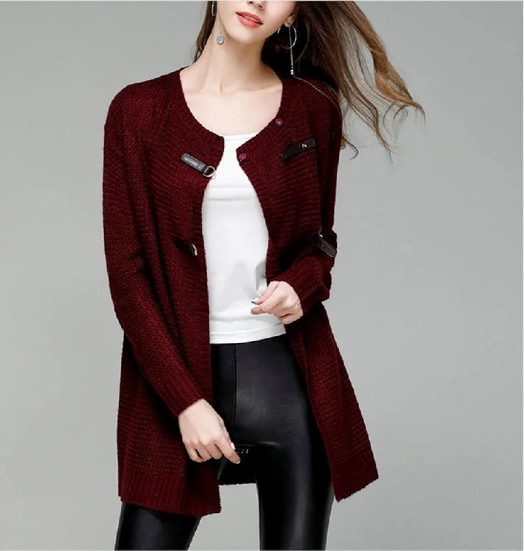 Womens Street Style Knitted Cardigan in WineTurtleneck Knit Tops