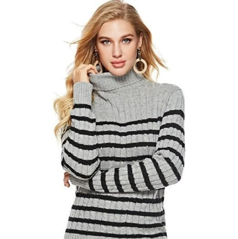 Womens Striped Slim Fit Turtle Neck SweaterPerformance Knit Tops