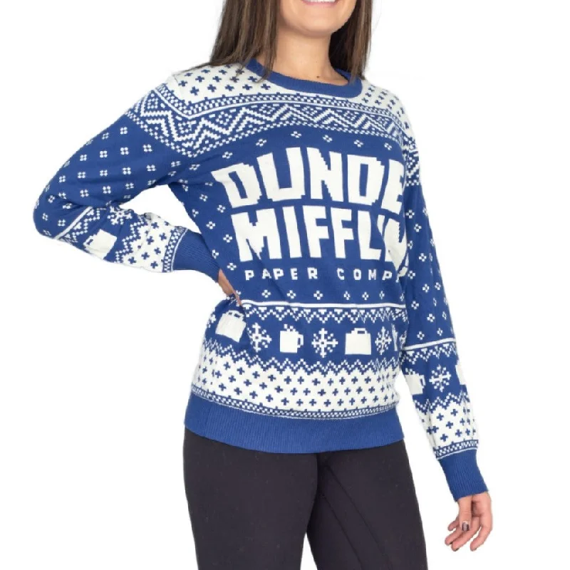 Women's The Office Dunder Mifflin Blue Ugly Christmas SweaterEmbellished Knit Tops