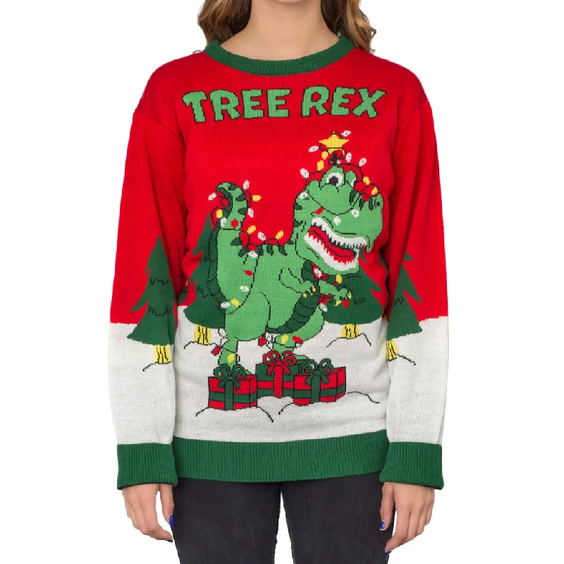 Women's Tree Rex Light Up T-Rex Ugly Christmas SweaterPolyester Knit Tops