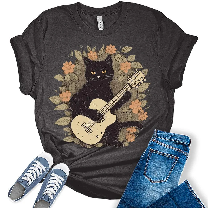 Statement T-ShirtsWomens Cat Playing Guitar Casual Ladies Cute Bella Graphic Tees Short Sleeve Floral Tshirts Summer Tops for Women