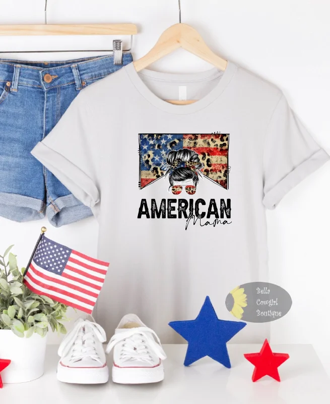 Cotton T-ShirtsAmerican Mama Messy Bun American Flag Leopard Patriotic T-Shirt