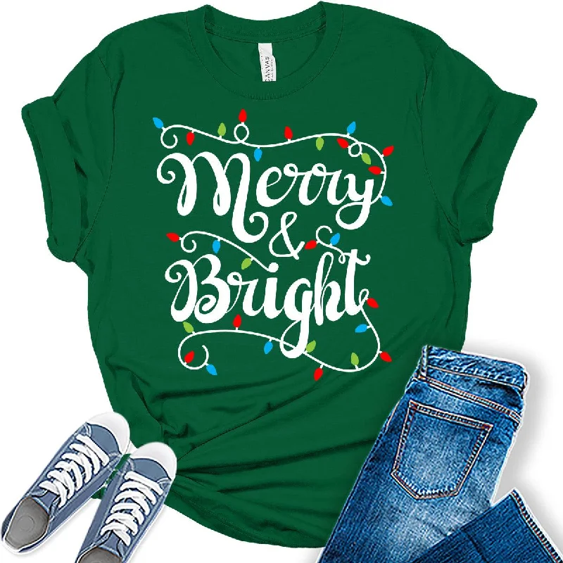 Distressed T-ShirtsChristmas Shirts Womens Merry and Bright Shirt Holiday Xmas Tshirt Christmas Lights Tees