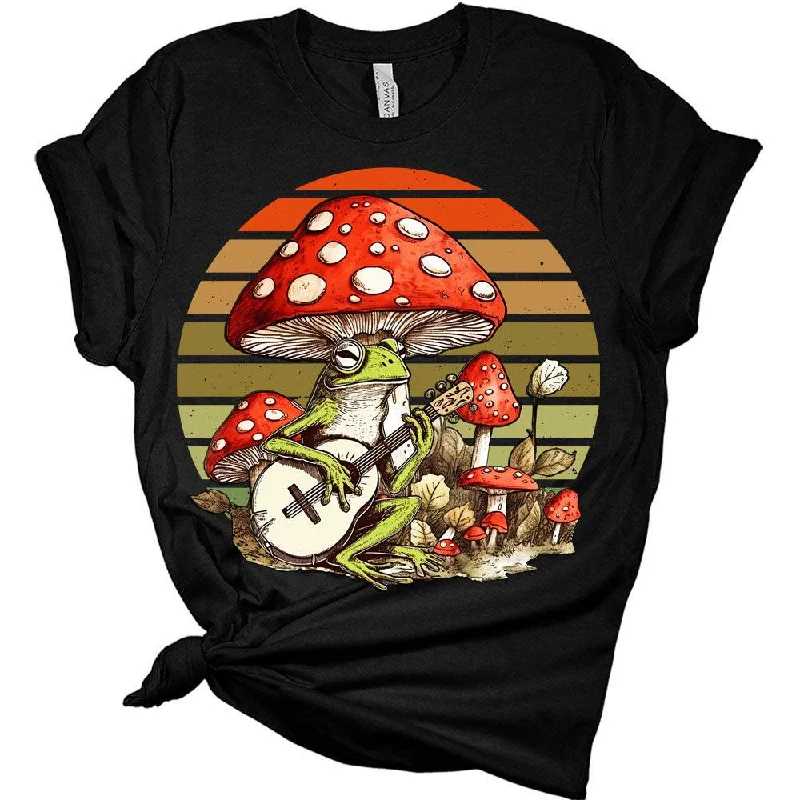 Zippered T-ShirtsCottagecore Frog Playing Guitar Vintage Sunset T-Shirt