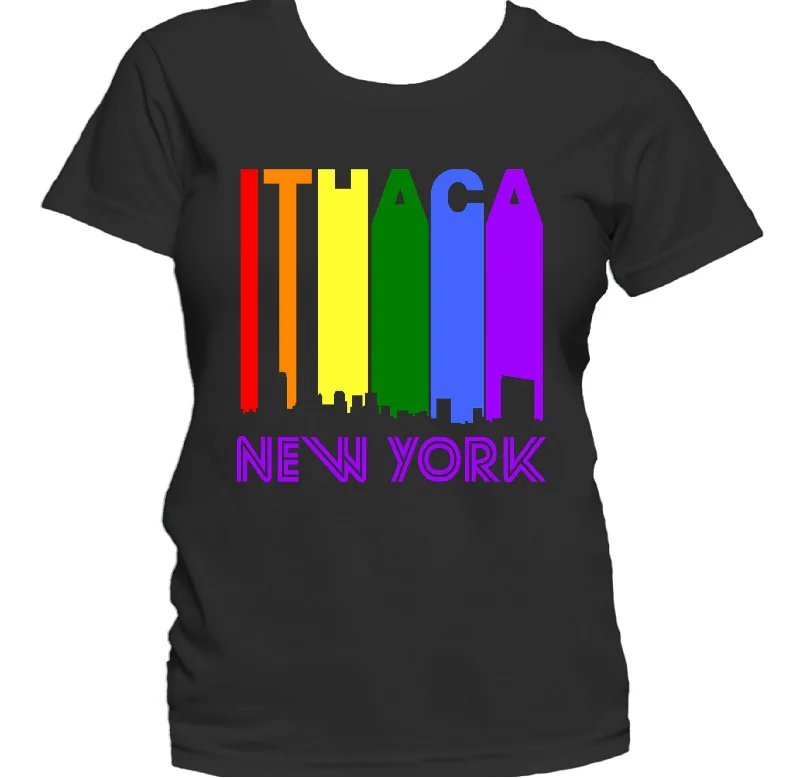 Cultural T-ShirtsIthaca New York LGBTQ Gay Pride Rainbow Skyline Women's T-Shirt