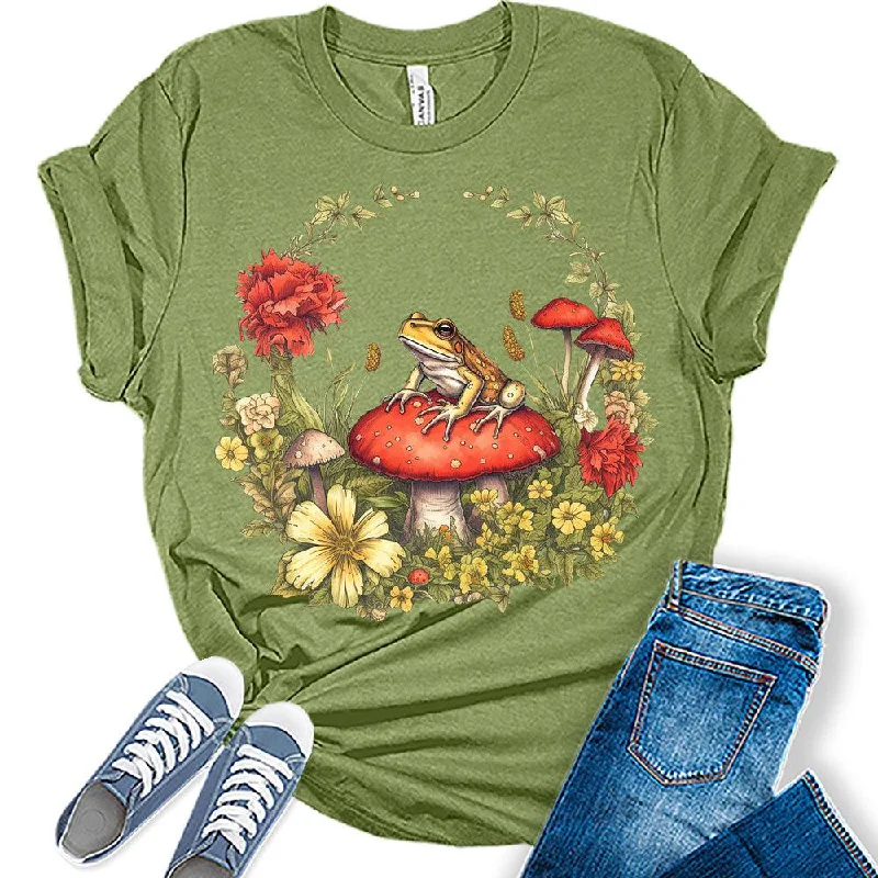 College T-ShirtsWomens Mushroom Shirts Casual Ladies Frog Graphic Tees Short Sleeve Cottagecore T Shirts Plus Size Summer Tops for Women Frog Mushroom