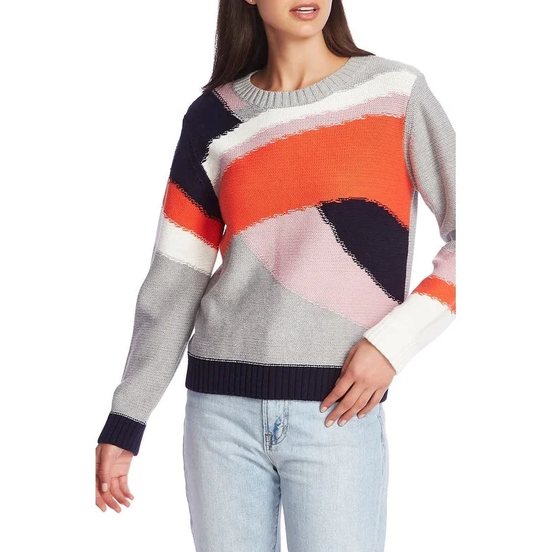 Crewnecktexture1.STATE Women's Abstract Colorblock Crewneck Cotton Sweater Orange