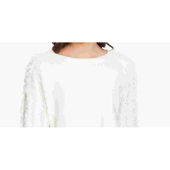 Crewneckplain1.State Women's Fringe-Sleeve Crewneck Sweater White Size Small