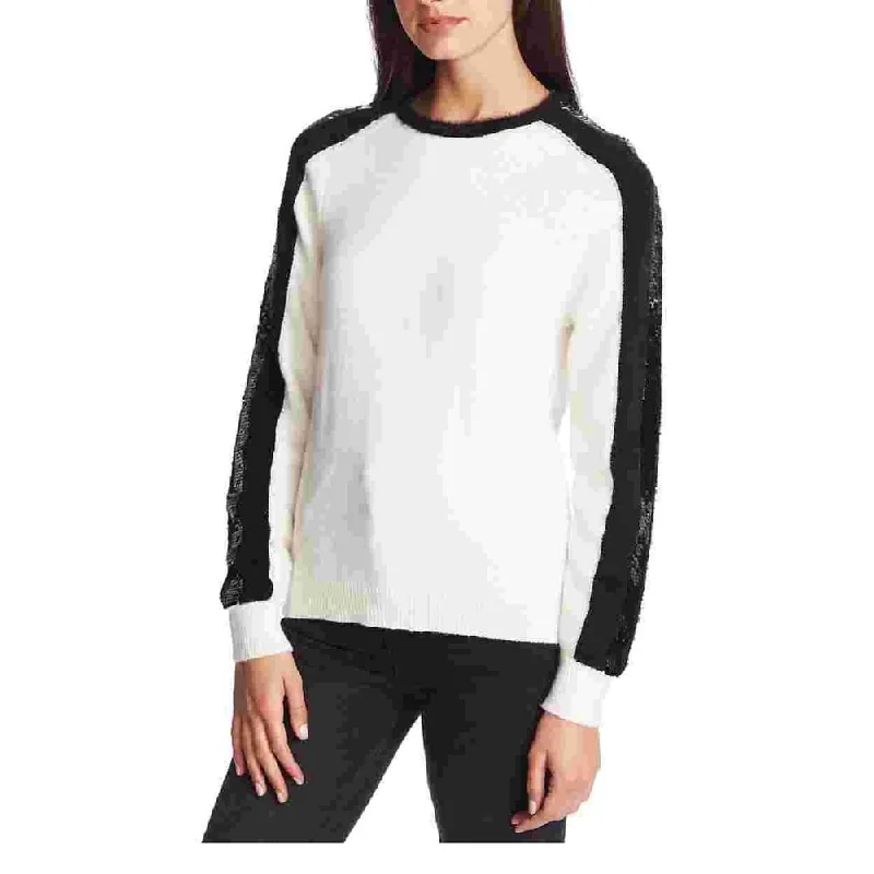 Crewneckbreathable1.STATE Women's Sequin Sleeve Stripe Cotton Blend Crewneck Sweater White Natural