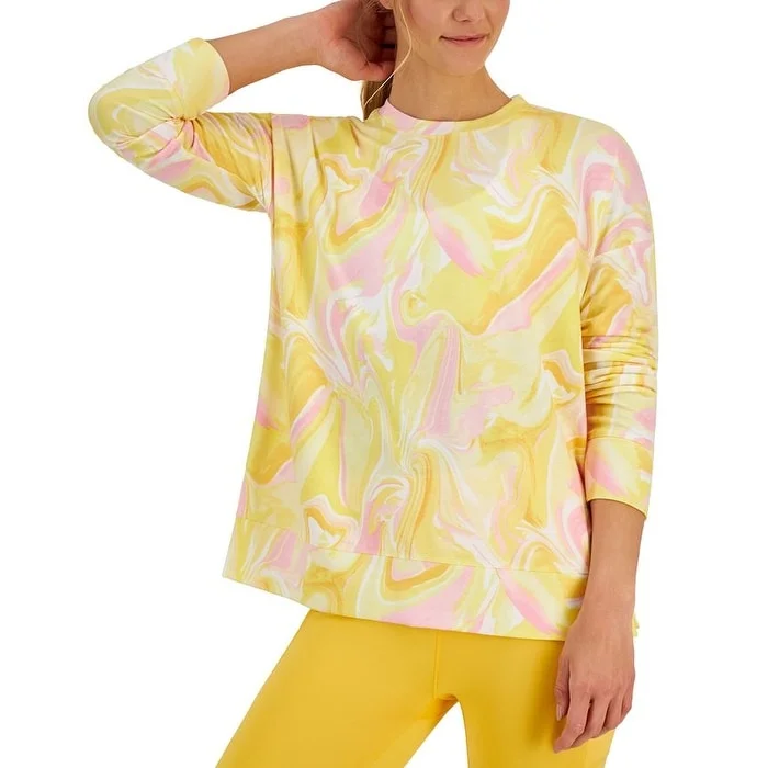 CrewnecklegendId Ideology Women's Active Whirl Print Side Slit Relaxed Crewneck Sweatshirt Yellow Size Medium