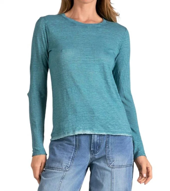 CrewnecksilkLong Sleeve Crewneck Top In Peacock (Teal)