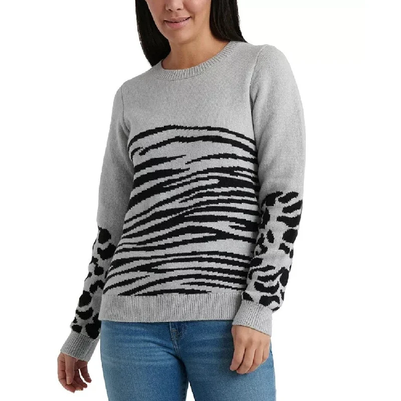 CrewneckAILucky Brand Women's Animal Print Ribbed Trim Crewneck Sweater Gray Size Large