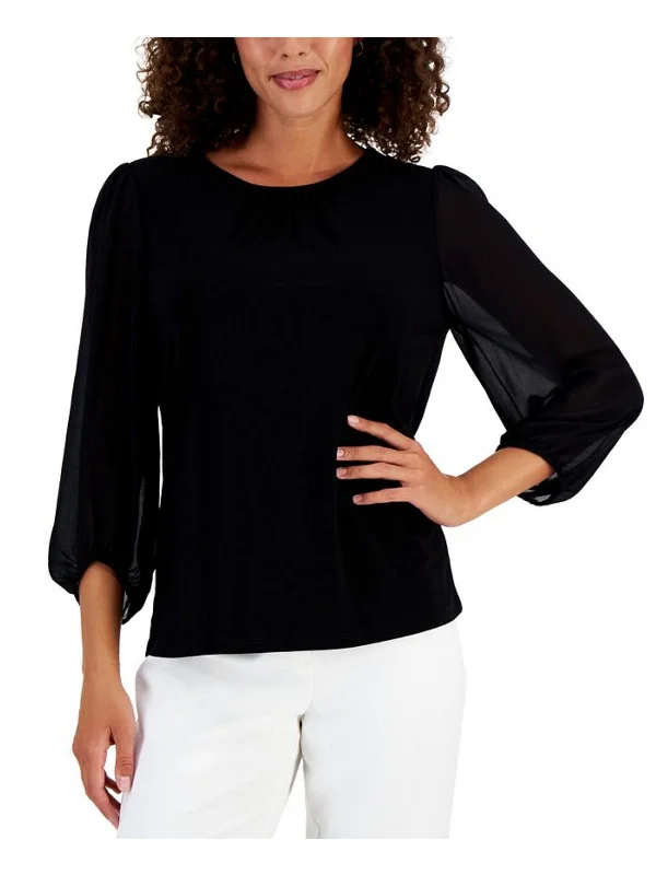 CrewneckaumentedPetites Womens Crewneck Three Quarter Sleee Blouse