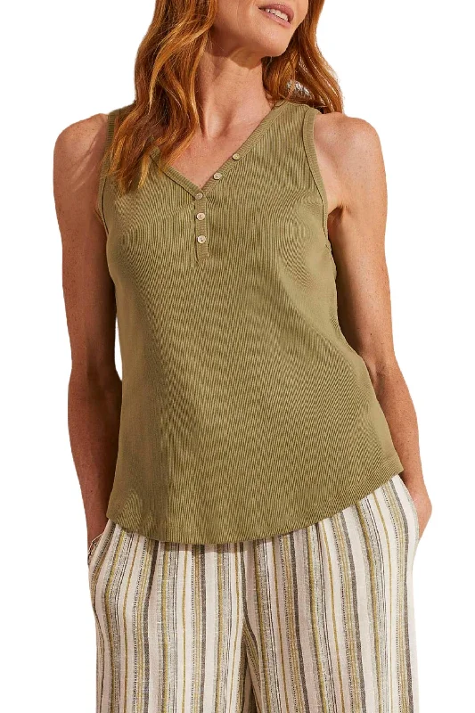 CamisoleOrbitRibbed Knit Henley Tank In Cactus