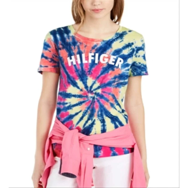 CrewneckarTommy Hilfiger Women's Sunshine Spiral Tie Dye Logo Crewneck Tee Shirts Yellow Size Xx-Large