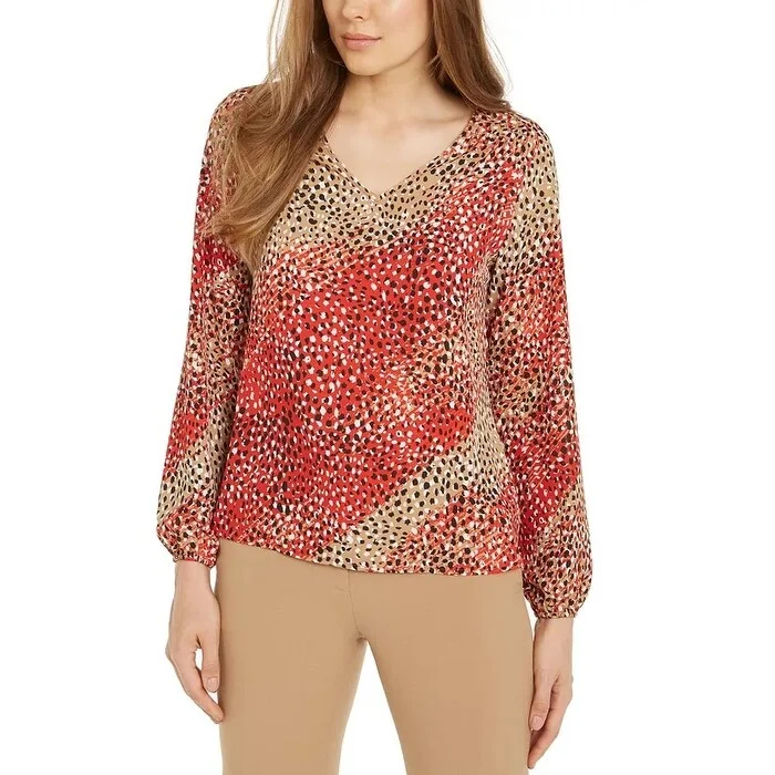 VNeckTopMesaBar III Women's Printed V-Neck Blouse Red Size X-Large