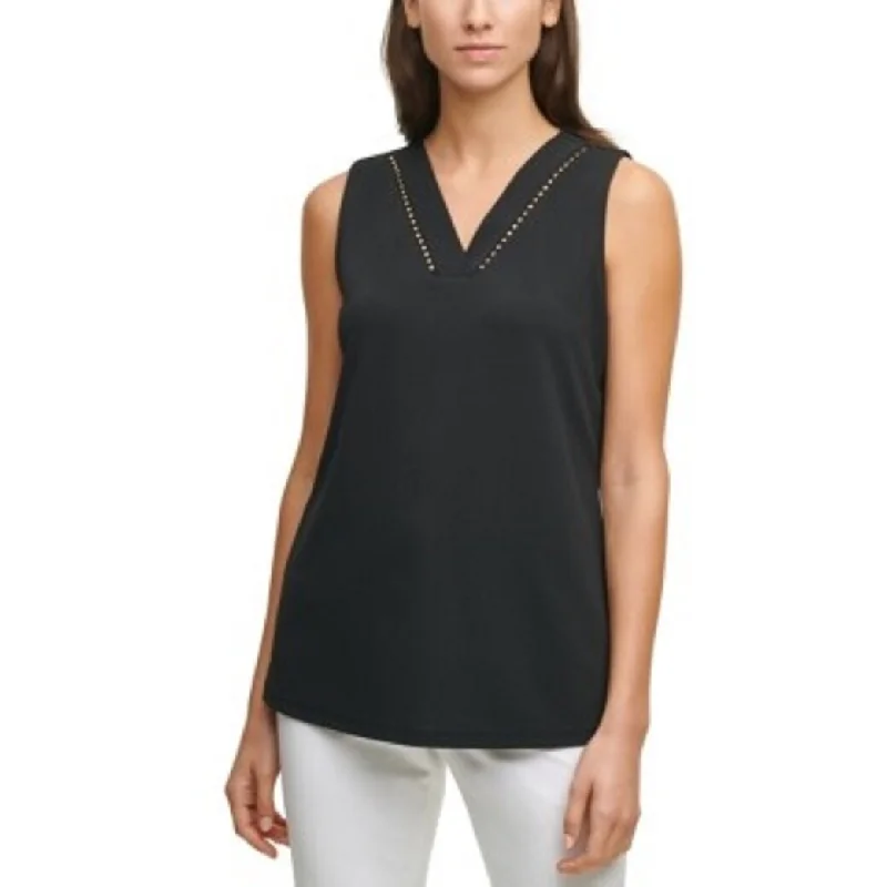 VNeckTopRubyCalvin Klein Women's Embellished-Trim V-Neck Top Black Size Small